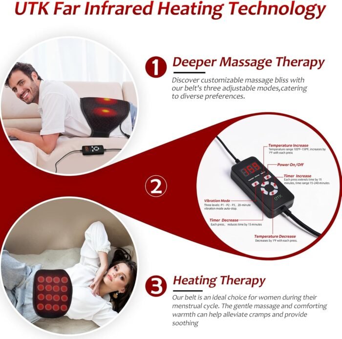 UTK Vibrating Far Infrared Heating Pad for Back Pain Relief, Hot to 159℉, Lower Back Massager Gift for Women Men, FSA HSA Eligible, 3 Vibration, 16 Timers Auto-Off, 20 Jades, 35-55" Adjustable Size - Image 5