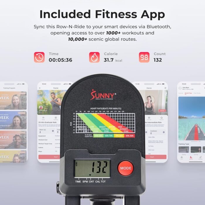 Sunny Health & Fitness Smart Compact Full Motion Rowing Machine, Full-Body Workout, Low-Impact, Extra-Long Rail, 350 LB Weight Capacity and Optional Free SunnyFit® App Enhanced Connectivity - Image 4