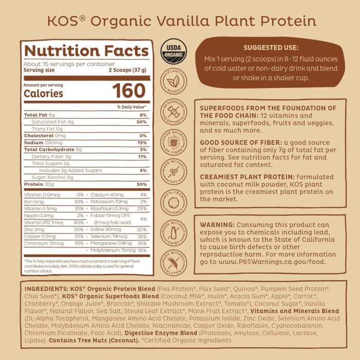 KOS Vegan Protein Powder Erythritol Free, Vanilla - USDA Organic Pea Protein Blend, Plant Based Superfood Rich in Vitamins & Minerals - Keto, Dairy Free - Meal Replacement for Women & Men, 15 Servings - Image 10