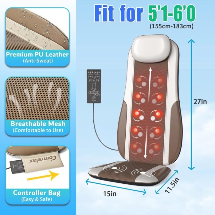 Shiatsu Back Massager with Heat, Massage Chair Pad Seat Cushion for Stress Relief, Deep Tissue Kneading & Roller, 2 Vibration Motors, Back Waist Hip Massager, PU Leather, with 2 Adapters - Image 6