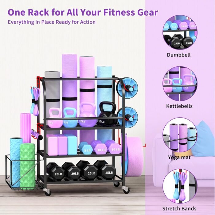 Dumbbell Rack, Weight Rack for Home Gym, 400LBS Metal Home Gym Storage with Lockable Wheels & 4 Adjustable Hooks, Weight Stand for Yoga Mat Storage, Dumbbells, Kettlebell, Foam Roller - Image 5