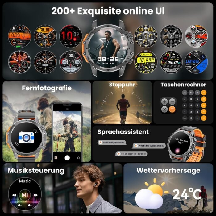 Smart Watch (Call/Notification),1.52'' Military Smart Watches for Men, Two Style Kits,Flashlight,100+Sport Modes/Heart Rate/Sleep Monitor/Pedometer, Fitness Tracker Android Phones iPhone Compatible - Image 8