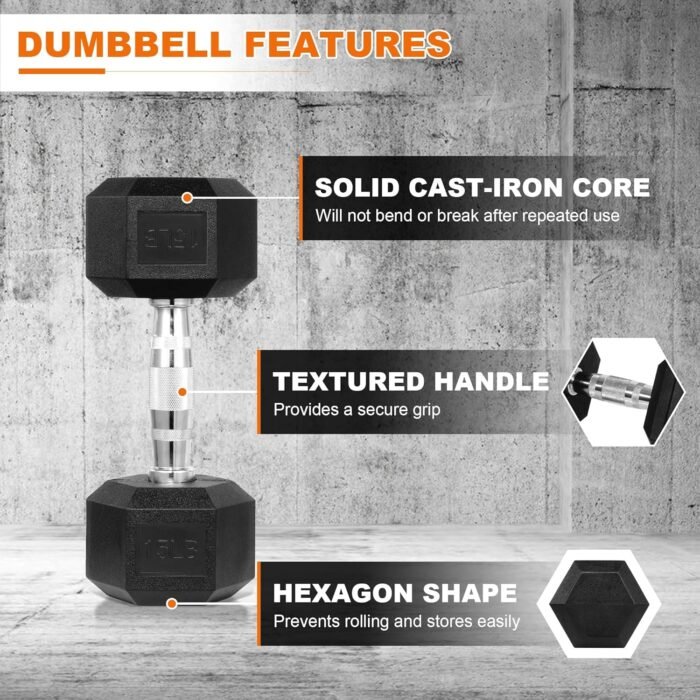 Rubber Coated Hex Dumbbell Weight Set and Storage Rack, 100LB Set or 150LB Set, 5-20 lbs Pairs or 5-25 lbs Pairs - Image 4