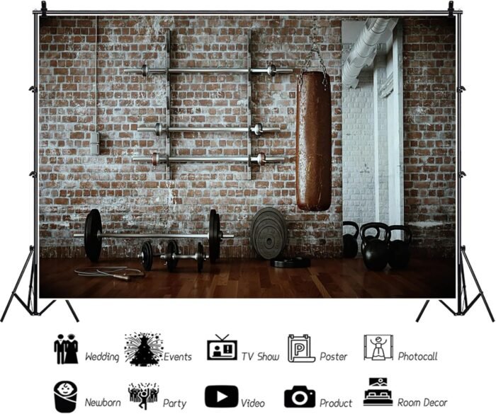 AOFOTO 7x5ft Gym Dumbbell Backdrop Indoor Sports Fitness Room Photography Background Muscle Training Wellness Physique Physical Exercise Sandbag Photo Studio Props Adult Artistic Portrait Wallpaper - Image 3