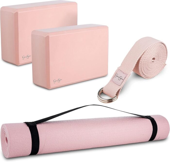 Jessica Simpson 4-Piece Yoga Kit - Pink Yoga Starter Set With Mat, Blocks, Strap - Image 2