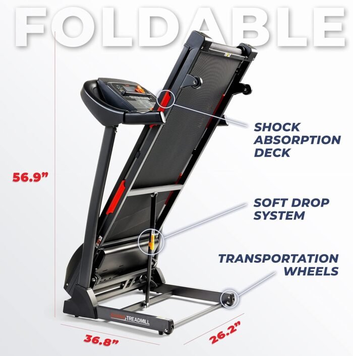 Sunny Health & Fitness Premium Folding Treadmill for Home with Adjustable Incline, Shock Absorption, Digital Monitor, Pulse Sensors, Speed Buttons, Optional Free SunnyFit App Bluetooth Connection - Image 8