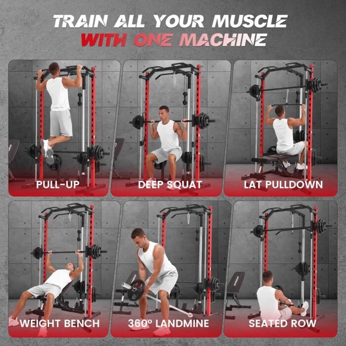 All in One Smith Machine with LAT-Pull Down, Multi-Functional Smith Machine, Power Cage with Cable Crossover, Squat Rack with Landmine, Barbell Bar, Plate Storage Pegs and More Training Attachment - Image 8