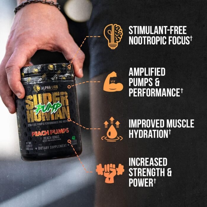 ALPHA LION Superhuman Pump Pre Workout Powder, Nootropic Caffeine & Stim Free Preworkout Supplement, Nitric Oxide Booster, Muscle Gainer, Energy & Focus (42 Servings, Peach Pumps Flavor) - Image 3