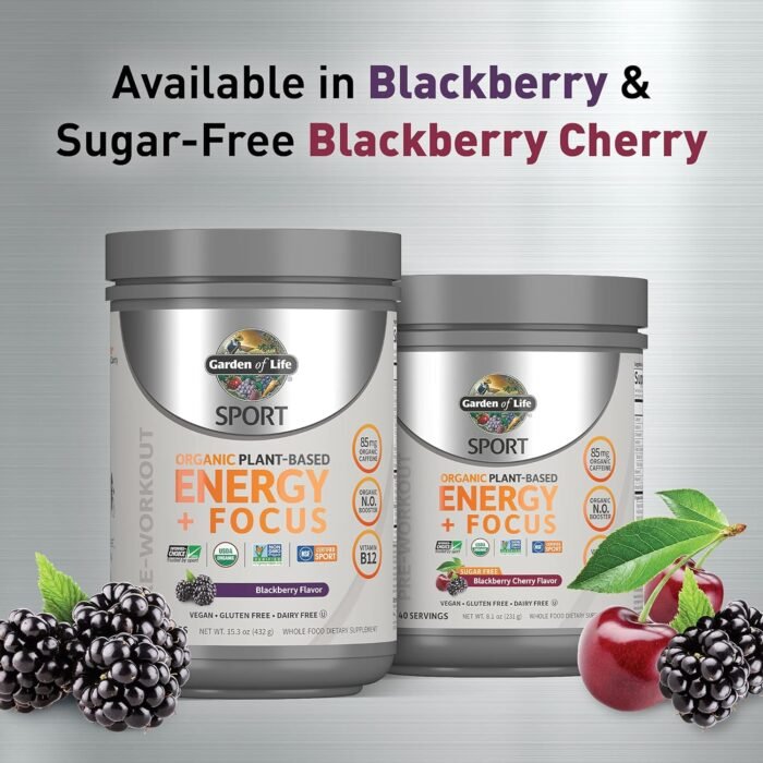 Garden of Life Sport Organic Plant-Based Energy + Focus Vegan Clean Pre Workout Powder, Sugar & Gluten Free BlackBerry Cherry with 85mg Caffeine, Natural NO Booster, B12, 40 Servings, 8.14 Oz - Image 5