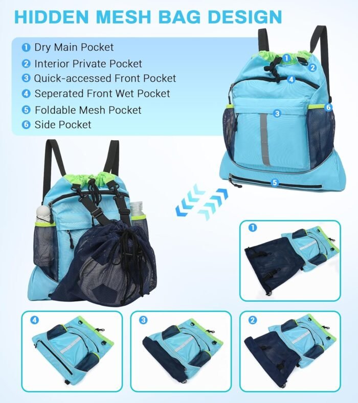 Drawstring Backpack, Waterproof Sandproof Beach Backpack for Sport Gear Small Gym Bag with Hidden Ball Net Pocket and Seperated Wet Pocket Draw String Back Bag for Women Men, Blue - Image 5