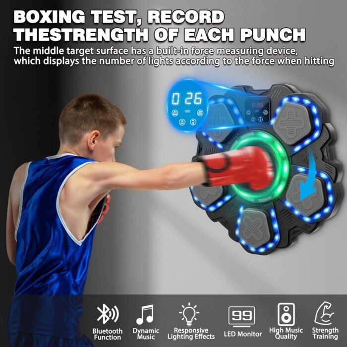 Music Boxing Machine for Kids and Adults,Wall Mounted Bluetooth Punching Pad with Boxing Gloves,Home Gym Boxing Equipment Stress Relief, Sport Toys Gifts for Men Boy Girl Teen 6,7,8,9,10+ year old - Image 4