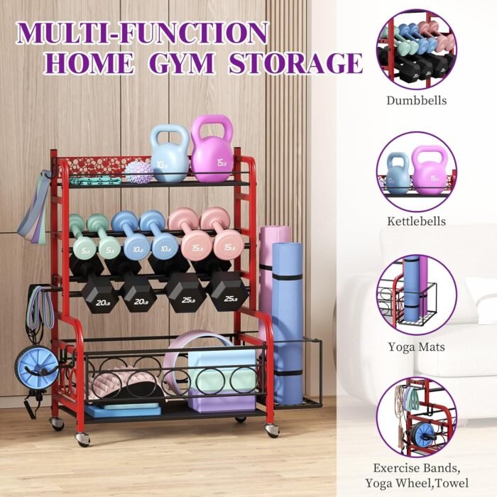 Dumbbell Rack, VOPEAK Weight Rack for Home Gym, Home Gym Storage Rack for Yoga Mat Kettlebells and Strength Training Equipment, Weight Storage Rack for Dumbbells with Wheels - Image 4