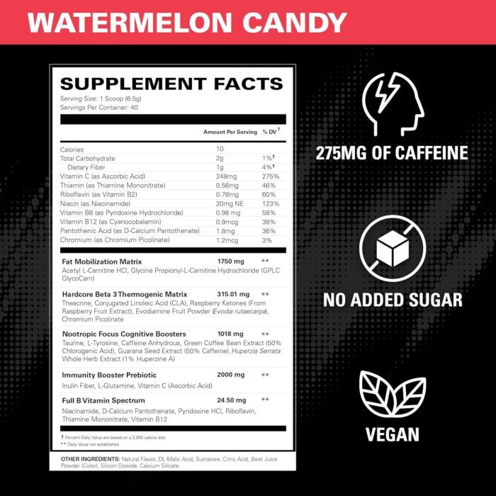 EHP Labs OxyShred Hardcore Super Dosed Pre Workout Powder - Preworkout Powder with L Glutamine & Acetyl L Carnitine, Energy Boost Drink - 275mg of Caffeine - Watermelon Candy, 40 Servings - Image 4
