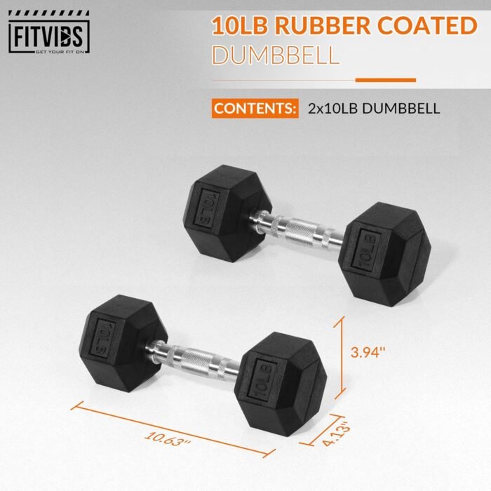 Hex Dumbbells Rubber Coated Hand Weights Pairs for Exercises and Fitness, 10 LB Pair - Image 3