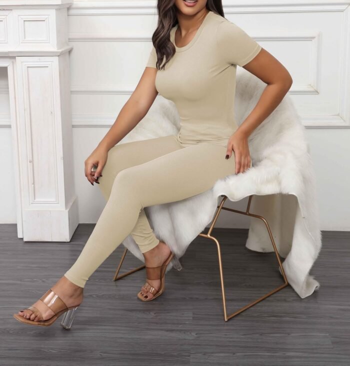 PINSV 2 Piece Sets for Women Summer Casual Jogger Workout Outfits Fitted Crew Neck T-shirt High Waist Legging Sets - Image 7