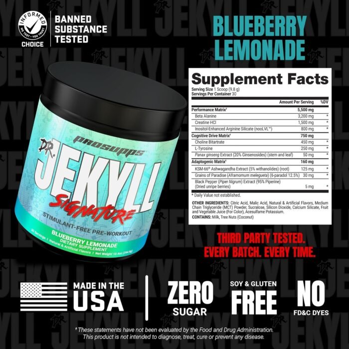 PROSUPPS Dr. Jekyll Signature Pre Workout Powder with Creatine - Stim-Free Preworkout Supports Focus & Endurance - Caffeine-Free Gym & Fitness Supplements (Blueberry Lemonade, 30 Servings) - Image 6
