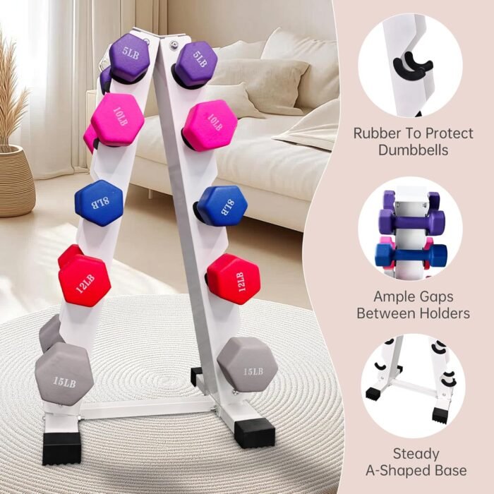 6-10 Pair Iron and Rubber Dumbbell Set 350/450 and 550 lbs 5-50 lbs Hand Free Weight for Strength Hex Coated Encased Weights with Vertical Storage Rack Home Gym 5-50 lb - Black - Image 4