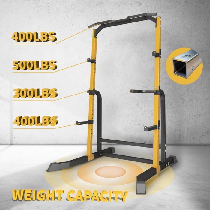 Power Cage - Heavy Duty 1000lb Capacity Squat Rack with Pull-Up Bar & Spotter Arms, Adjustable Home Gym Power Rack for Strength Training, Space-Saving Design (Yellow) - Image 6
