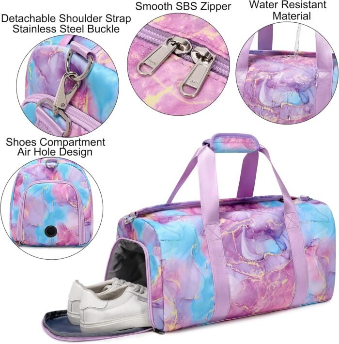 Gym Duffle Dance Ballet Bag with Separate Dry Wet Pocket and Shoes Compartment - Weekender Overnight Travel Foldable Bag for Girls Teen Women (Purple) - Image 5