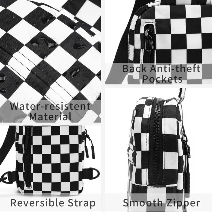 Small Checkered Crossbody Sling Bag Chest Bag Water Resistant Fanny Pack Running Phone Holder for Women Men Workout Travelling Hiking(Black) - Image 8
