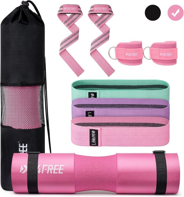 G4Free 9Pcs Barbell Pad Set for Squat, Hip Thrusts, Lunges, Leg day, Standard Olympic Bars with 2 Gym Ankle Safety Straps, 3 Hip Resistance Bands, 2 Lifting Strap, Barbell Pad, and Carry Bag - Image 2