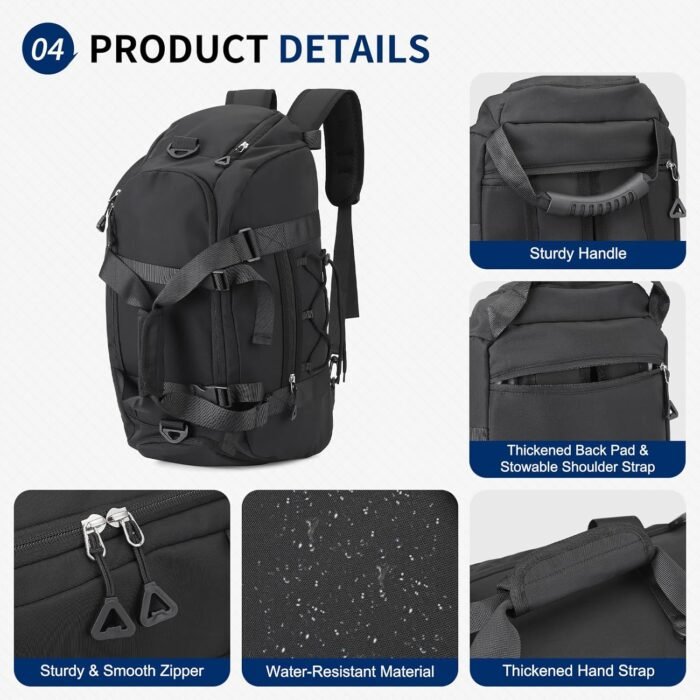 Unisex Travel Duffle Bag for Men Women, Waterproof Gym Bag with Shoe Compartment & Football Compartment, 32L Carry on Bag for Sports & Fitness, Black - Image 6