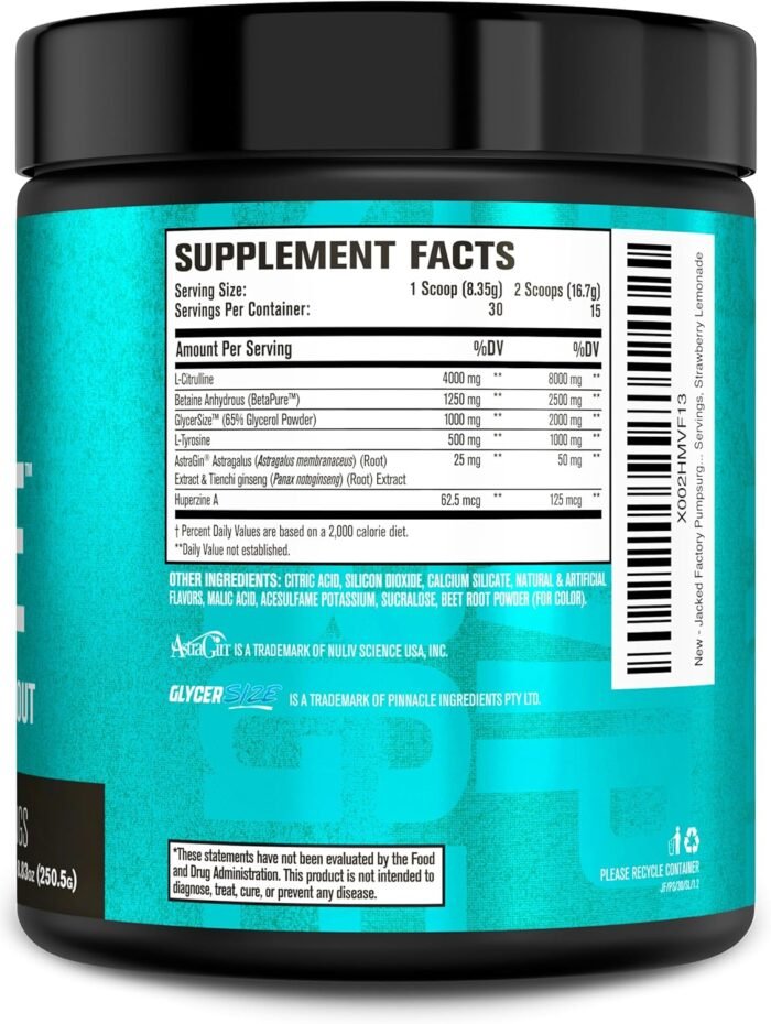 Jacked Factory Pumpsurge Caffeine Free Pre Workout for Men & Women - Nootropic Booster & Stim Free Pre Workout - Intense Pumps, Enhanced Focus - 30 Servings, Strawberry Lemonade - Image 9