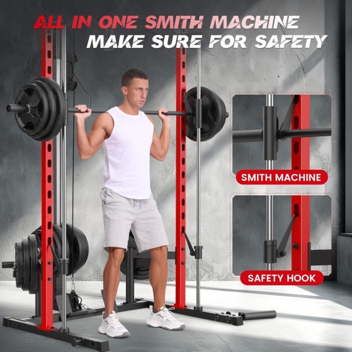 All in One Smith Machine with LAT-Pull Down, Multi-Functional Smith Machine, Power Cage with Cable Crossover, Squat Rack with Landmine, Barbell Bar, Plate Storage Pegs and More Training Attachment - Image 7