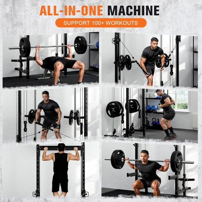 Folding Squat Rack - Wall Mounted Power Rack Cage with Cable Crossover Machine & LAT Pull Down - Functional Home Gym Trainer with 5 Adjustable Modes - with Safety Arm and Dips Attachment - Image 7