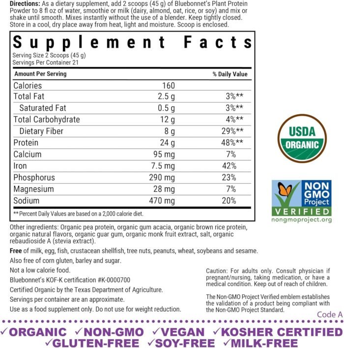 BlueBonnet Nutrition Organic Plant Protein Powder, 24g Plant Based Protein, Zero Sugar, 8g Fiber, USDA Organic, Non-GMO, Kosher, Gluten-Free, Soy-Free, Vegan, Vanilla Flavor, 21 Servings, 2.08 lbs - Image 3