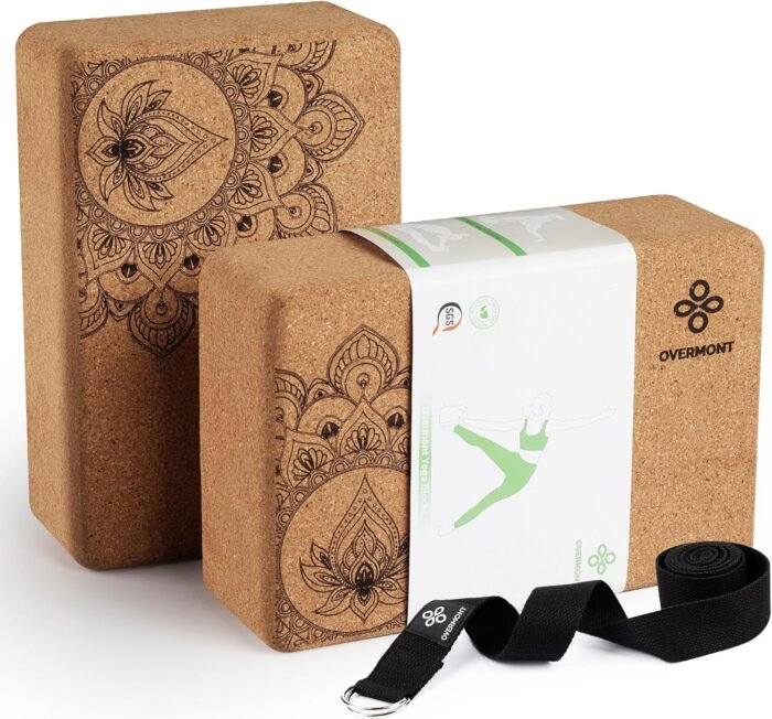 Overmont Cork Yoga Blocks 2 pack with 8ft Strap Natural Cork Bricks- High Density & Eco Friendly Yoga Accessories for Women - Ideal for Yoga Pilates General Fitness and Stretching 9x6x3'' - Image 2