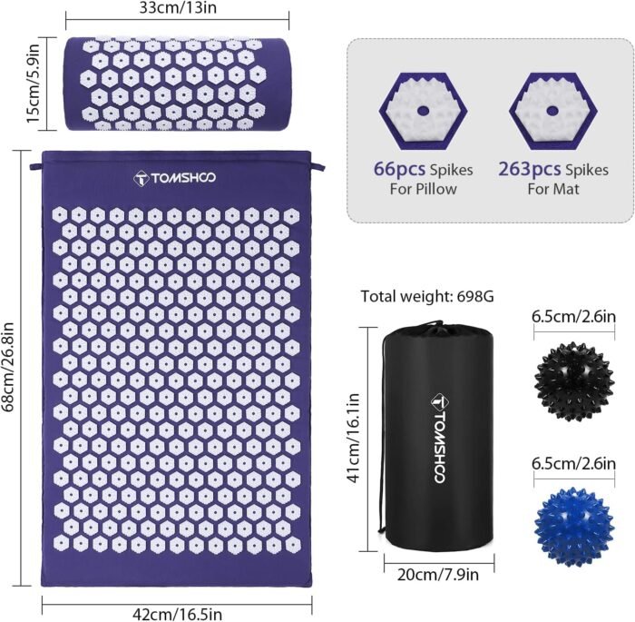 TOMSHOO Acupressure Set, Acupressure Mat and Pillow with 2pcs Massage Balls- Pain Relief Therapy Muscle Back Neck with Travel Bag for Men and Women - Image 3