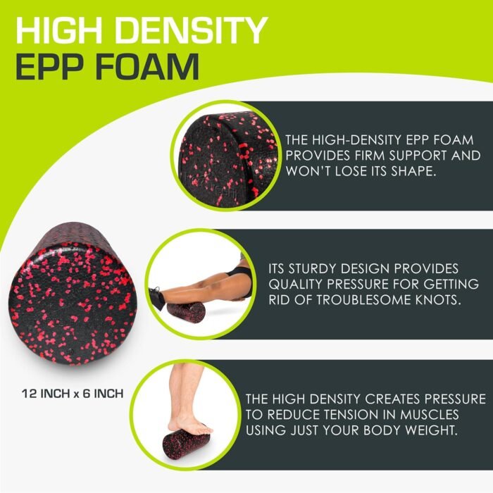 ProsourceFit High Density Foam Rollers 12 - inches long, Firm Full Body Athletic Massage Tool for Back Stretching, Yoga, Pilates, Post Workout Muscle Recuperation, Black/Red - Image 4