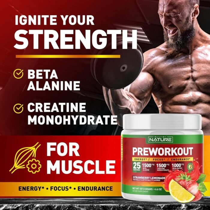 Built by Nature Pre Workout Powder with Beta Alanine, Creatine Monohydrate, BCAA, L Citrulline, L Arginine and Caffeine - Strawberry Lemonade Flavor - 25 Servings - Image 3