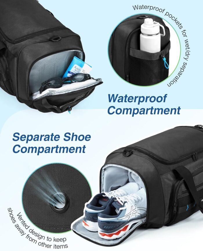 BAGSMART Gym Bag for Men & Women, Sports Travel Duffel Bag Carry-on Bag, Lightweight Weekend Overnight Bag with Shoe Compartment & Wet Pocket, Water-resistant Workout Duffle Bag for Travel Gym -Black - Image 6