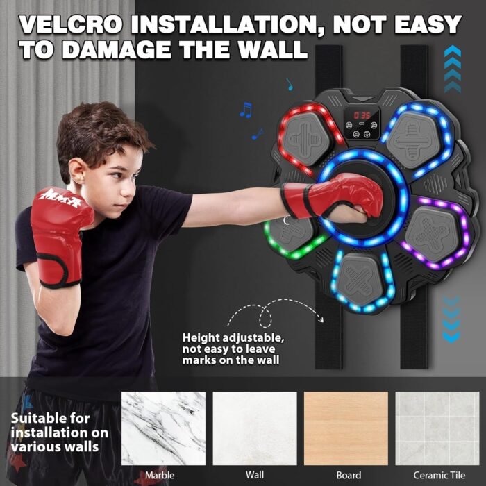 Music Boxing Machine for Kids and Adults,Wall Mounted Bluetooth Punching Pad with Boxing Gloves,Home Gym Boxing Equipment Stress Relief, Sport Toys Gifts for Men Boy Girl Teen 6,7,8,9,10+ year old - Image 7