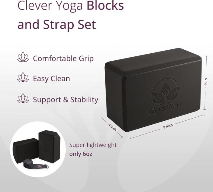 Clever Yoga Blocks & Strap - Lighweight Foam Yoga Blocks 2 Pack with 8ft Cotton Yoga Strap Set Kit for Beginners & Pros, Accessories & Equipment for Women & Men - Gray - Image 6