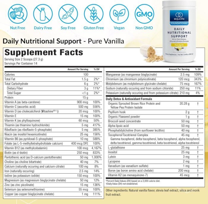 Equilife Daily Nutritional Support, All-in-One Multivitamin Meal Replacement, Pure Vanilla Flavor, 15G Plant Protein, Supports Overall Wellness Including Energy, Digestion, & Skin, 14 Servings Tub - Image 3