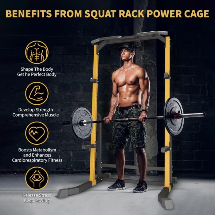 Power Cage - Heavy Duty 1000lb Capacity Squat Rack with Pull-Up Bar & Spotter Arms, Adjustable Home Gym Power Rack for Strength Training, Space-Saving Design (Yellow) - Image 7