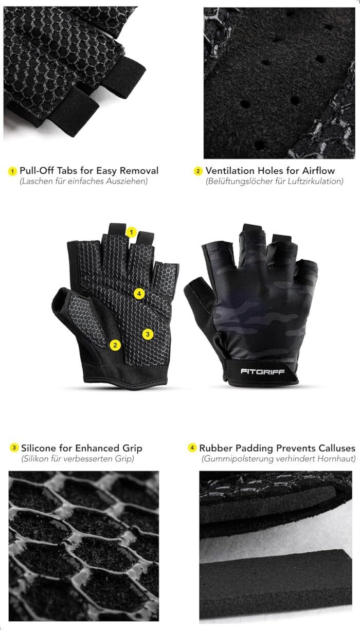 Fitgriff® Workout Gloves (Padded) for Men & Women - Fingerless Gym Gloves for Weight Lifting, Training - Full Palm Protection - Image 4