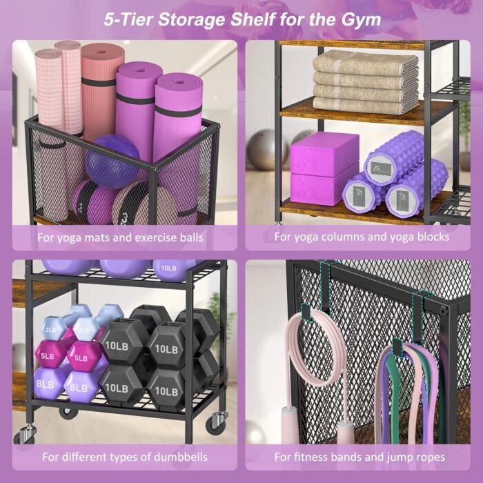 5 Tier Dumbbell Rack, Yoga Mat Storage Holder, Home Gym Storage Rack, Workout Equipment Storage Organizer, Weight Storage Holder Rack with Hooks and Wheels - Image 7