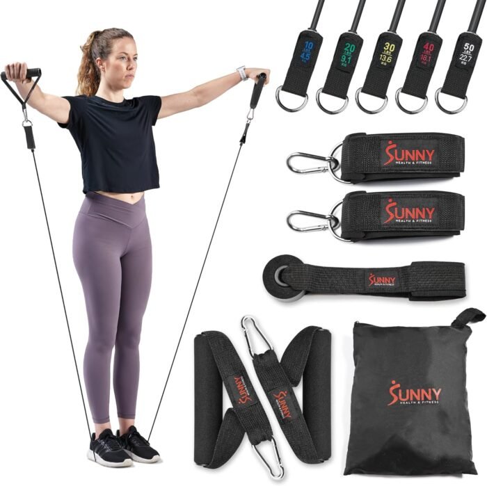 Sunny Health & Fitness Premium Resistance Band Set with Door Anchors, Wrist Straps, Handles Carry Bag Optional Padded Ankle Straps (Pair) for Strength Training, Booty Workout, Lower Body Exercises - Image 2