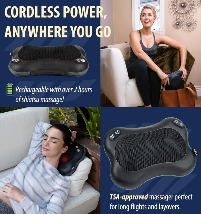 Zyllion Shiatsu Back and Neck Massager with Heat (FSA HSA Eligible) Cordless Rechargeable 3D Kneading 2-Speed Electric Deep Tissue Massage Pillow for Muscle Pain Relief on Shoulder, Leg, Foot ZMA-34RB - Image 4
