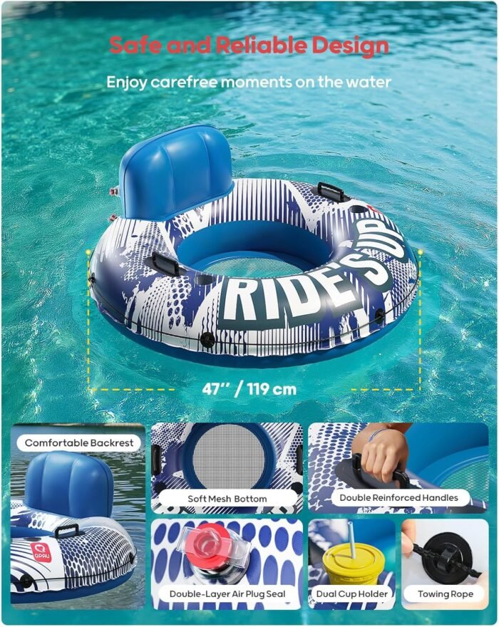 QPAU Inflatable River Tube, 0.4 mm Thickened Puncture-Resistant Heavy Duty River Float, River Raft with Ergonomic Backrest, Mesh Bottom & 2 Cup Holders for Family Friends Lake Float - Image 6