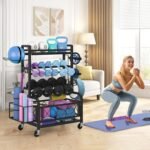 Yaheetech Weight Plate Rack Home Gym Yoga Mat Holder, Metal Dumbbell Rack Stand Fitness Equipment Storage with Hooks & Wheels for Kettlebells/Yoga Ball, Black - Image 10
