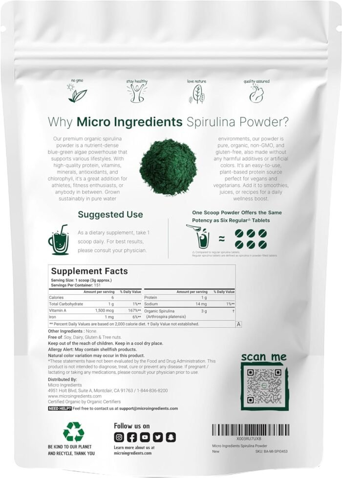 Micro Ingredients Organic Spirulina Powder, 1lb | Blue-Green Algae, Rich in Vegan Protein, Vitamins & Minerals | Source of Natural Chlorophyll & Enzymes | Non-GMO, Gluten-Free, No Additives - Image 3