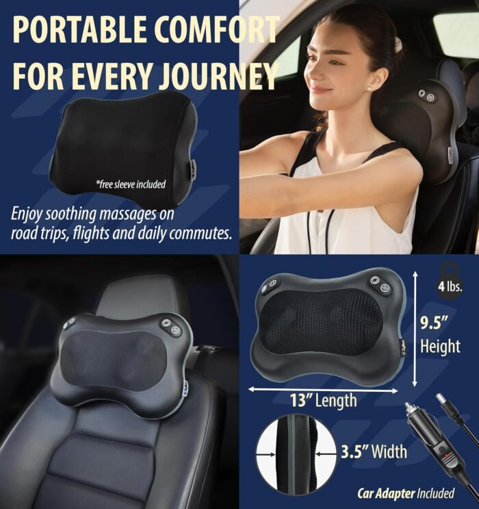 Zyllion Shiatsu Back and Neck Massager with Heat (FSA HSA Eligible) Cordless Rechargeable 3D Kneading 2-Speed Electric Deep Tissue Massage Pillow for Muscle Pain Relief on Shoulder, Leg, Foot ZMA-34RB - Image 6