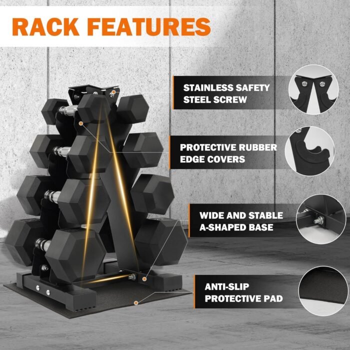 Rubber Coated Hex Dumbbell Weight Set and Storage Rack, 100LB Set or 150LB Set, 5-20 lbs Pairs or 5-25 lbs Pairs - Image 5