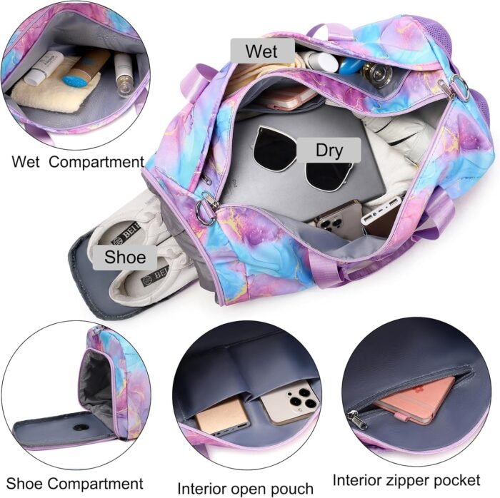 Gym Duffle Dance Ballet Bag with Separate Dry Wet Pocket and Shoes Compartment - Weekender Overnight Travel Foldable Bag for Girls Teen Women (Purple) - Image 6