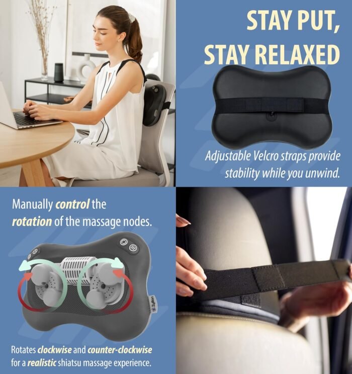 Zyllion Shiatsu Back and Neck Massager with Heat (FSA HSA Eligible) 3D Kneading 2-Speed Electric Deep Tissue Massage Pillow for Muscle Pain Relief, Arthritis, Sciatica on Shoulder, Leg, Foot ZMA-34 - Image 4